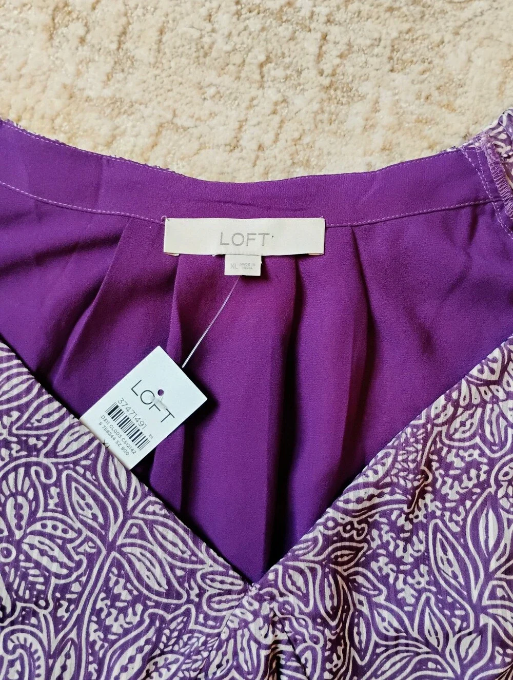 NWT XL Ann Taylor LOFT Purple And White V-Neck Floral Long Sleeve Blouse NEW